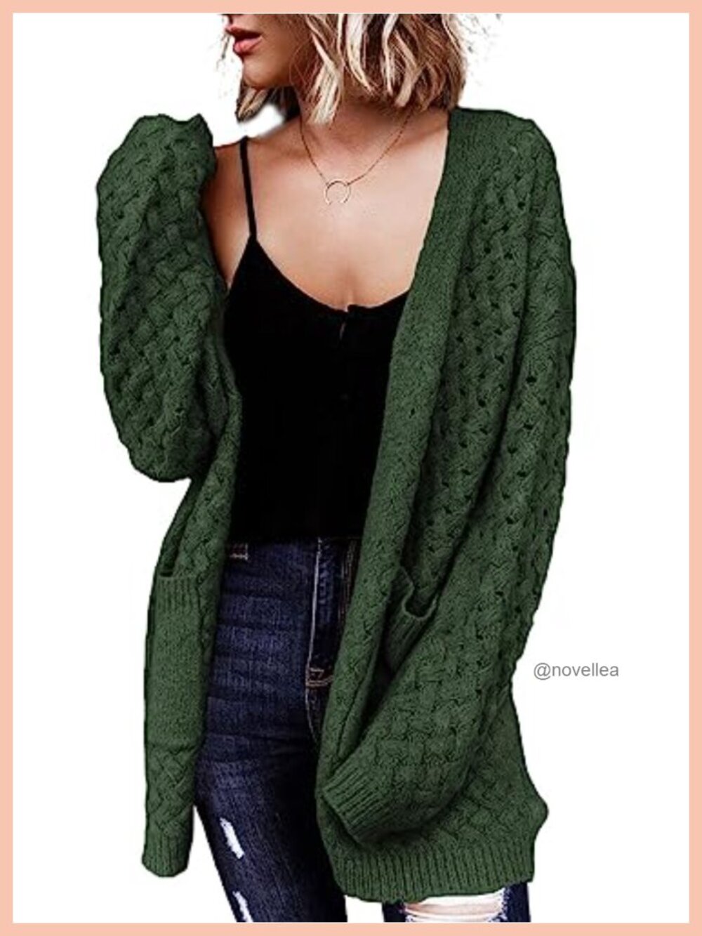Women's Open Front Cable Knit Cardigan Sweater with Pockets Long Sleeve